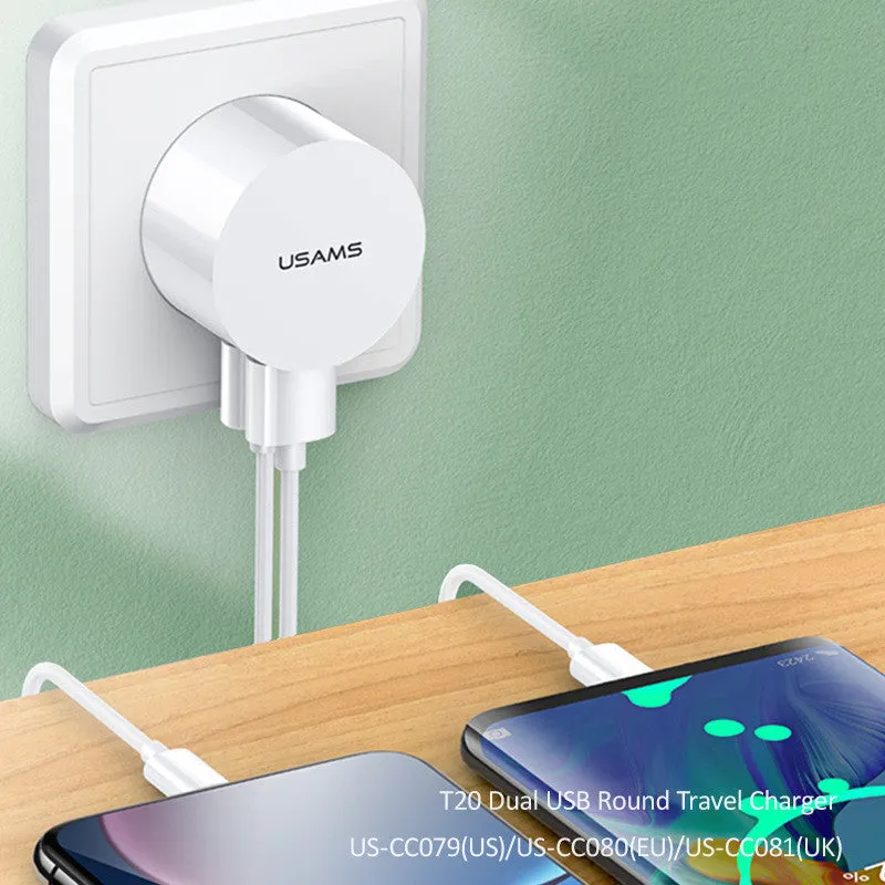 White portable USB phone charger with universal international adapter for UK US and EU power sockets