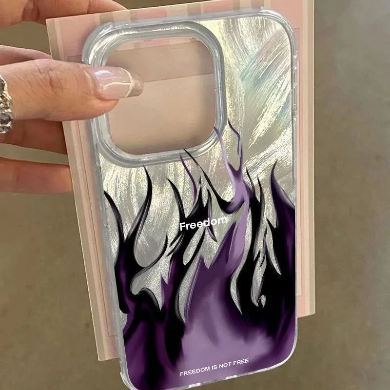 Silicone iPhone case featuring a red and blue floral flame design on a dark background.
