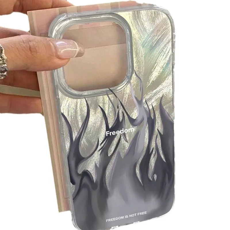 Silicone iPhone case featuring a red and blue floral flame design on a dark background.
