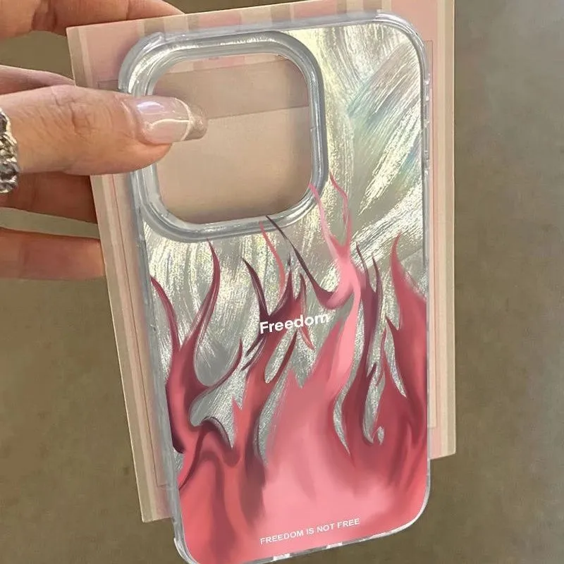 Silicone iPhone case featuring a red and blue floral flame design on a dark background.