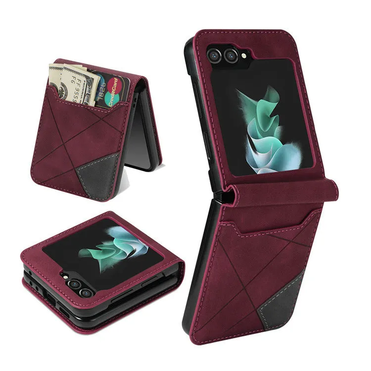 Samsung Z Flip folding phone case in patchwork retro design with multi-card flip open, shown in glitter rose gold colour.