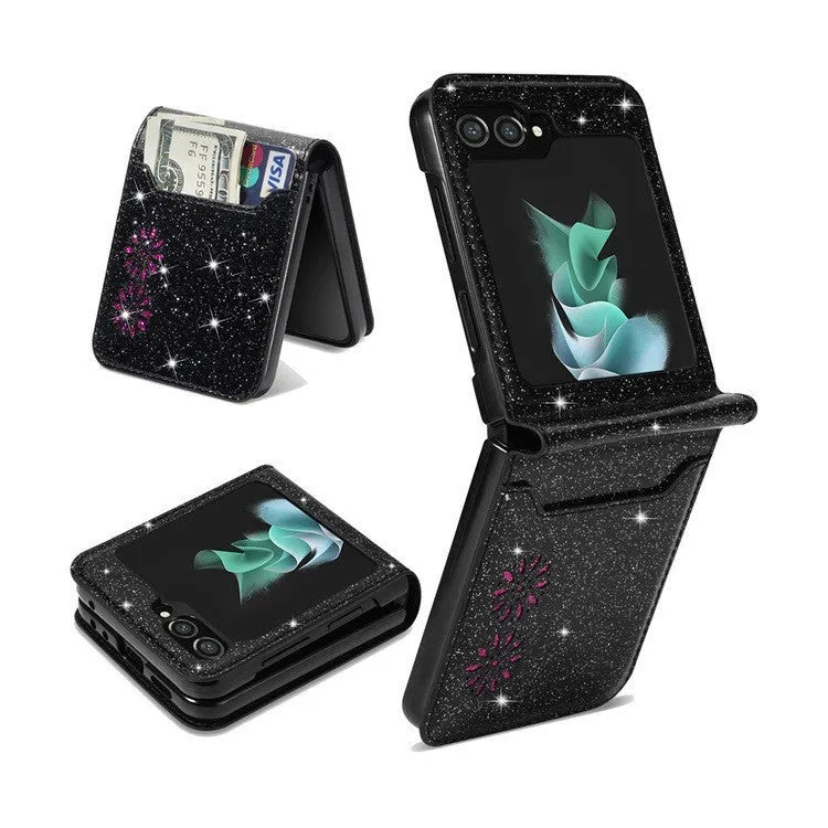 Samsung Z Flip folding phone case in patchwork retro design with multi-card flip open, shown in glitter rose gold colour.