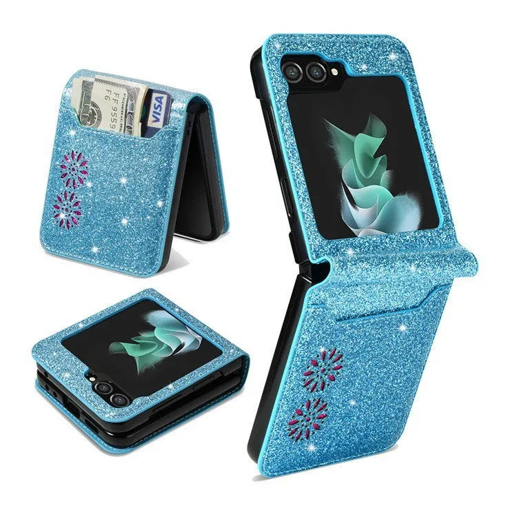 Samsung Z Flip folding phone case in patchwork retro design with multi-card flip open, shown in glitter rose gold colour.