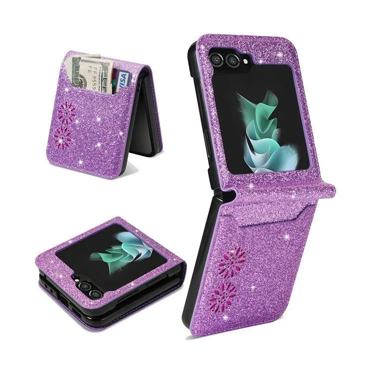 Samsung Z Flip folding phone case in patchwork retro design with multi-card flip open, shown in glitter rose gold colour.