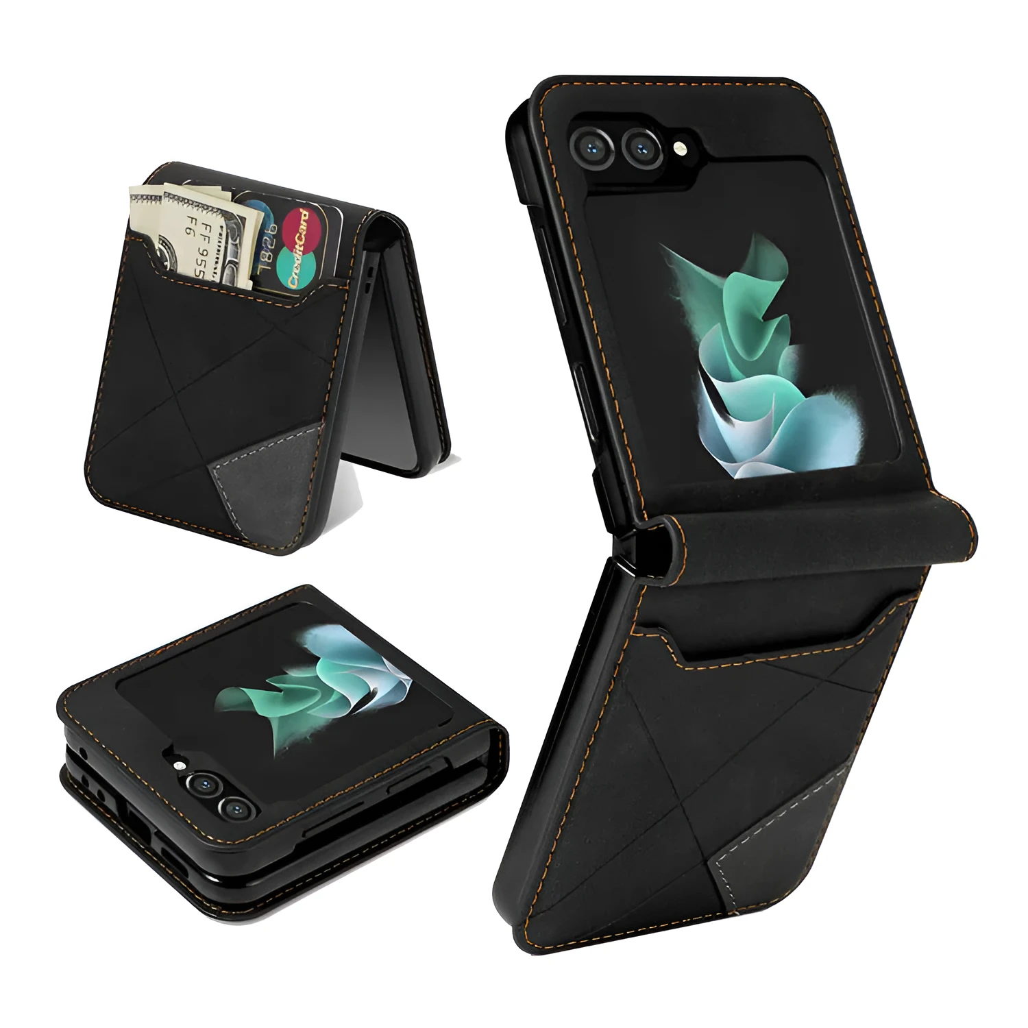 Samsung Z Flip folding phone case in patchwork retro design with multi-card flip open, shown in glitter rose gold colour.