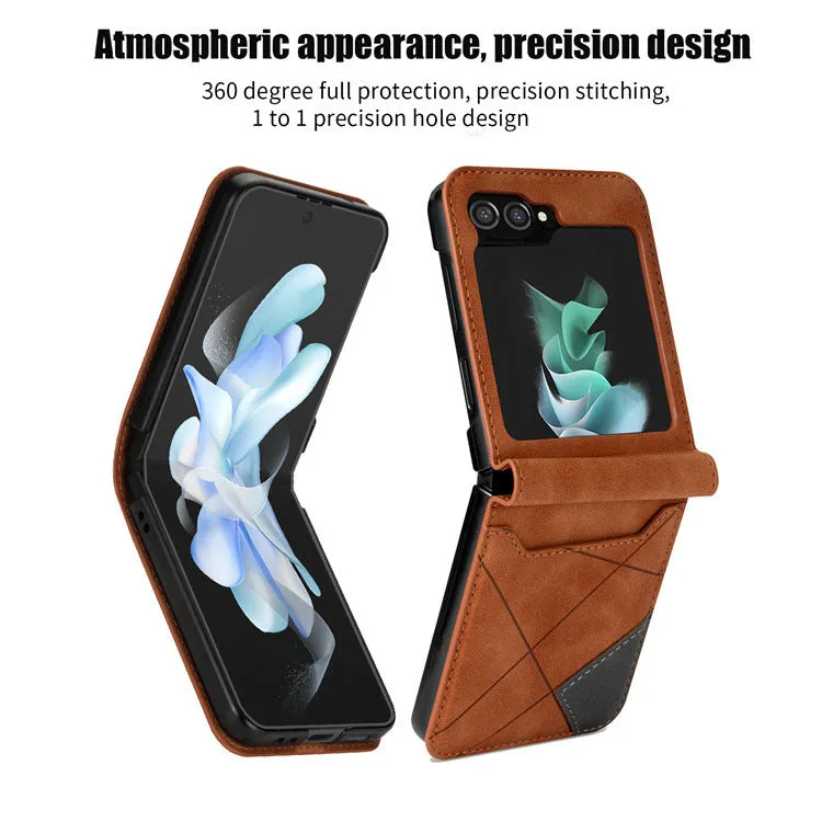 Samsung Z Flip folding phone case in patchwork retro design with multi-card flip open, shown in glitter rose gold colour.