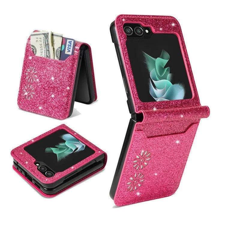 Samsung Z Flip folding phone case in patchwork retro design with multi-card flip open, shown in glitter rose gold colour.