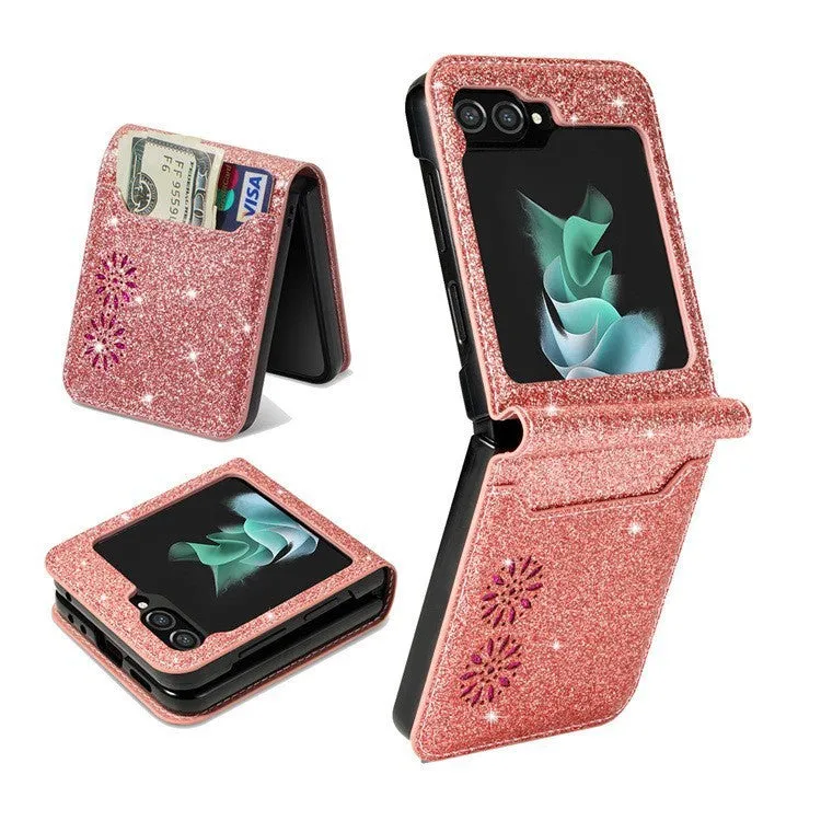 Samsung Z Flip folding phone case in patchwork retro design with multi-card flip open, shown in glitter rose gold colour.