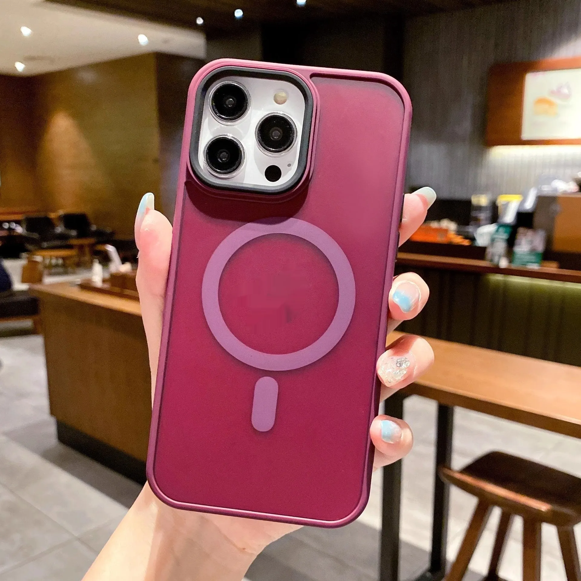Frosted magnetic suction iPhone 16 phone case in dark purple colour showing shockproof anti-fall protection