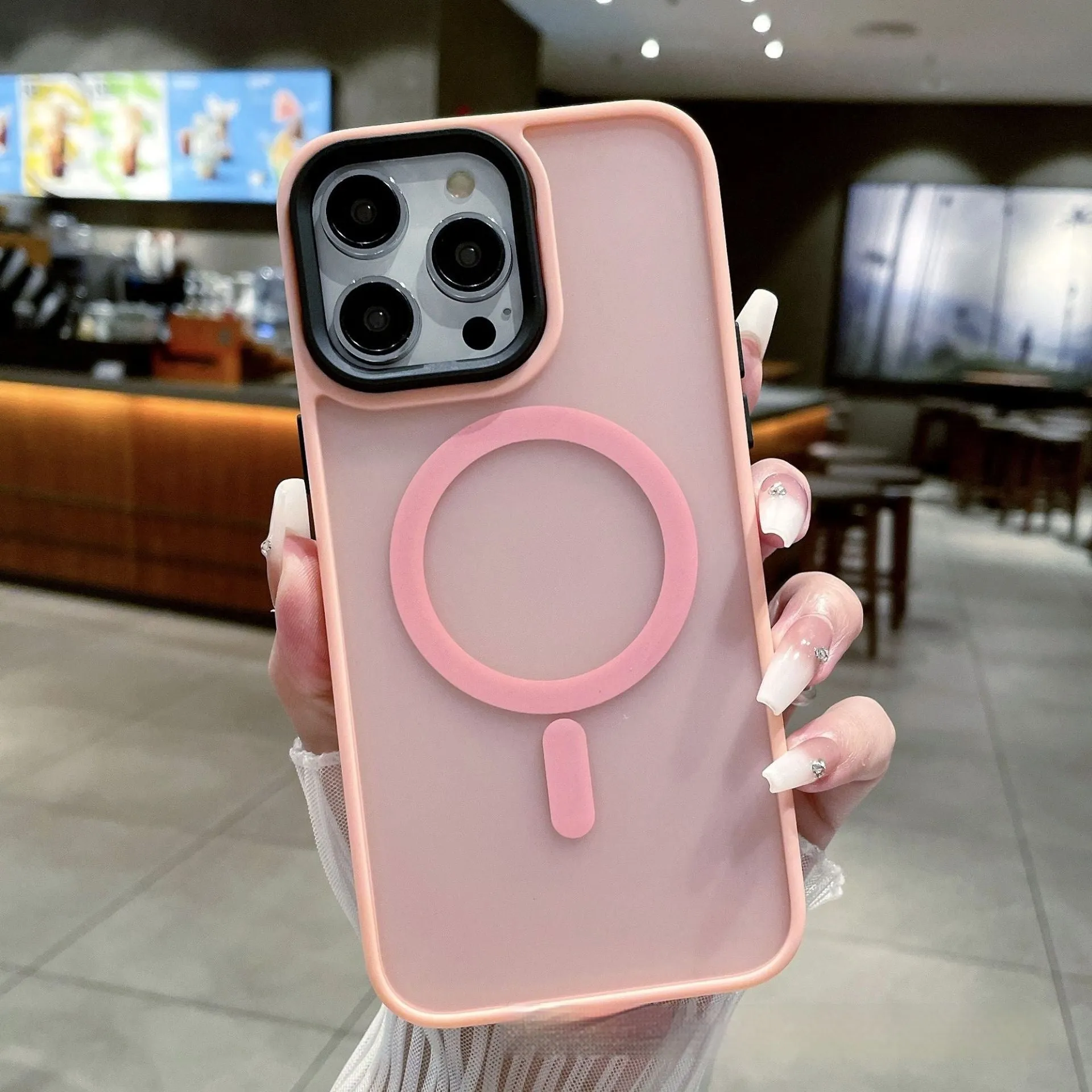Frosted magnetic suction iPhone 16 phone case in dark purple colour showing shockproof anti-fall protection