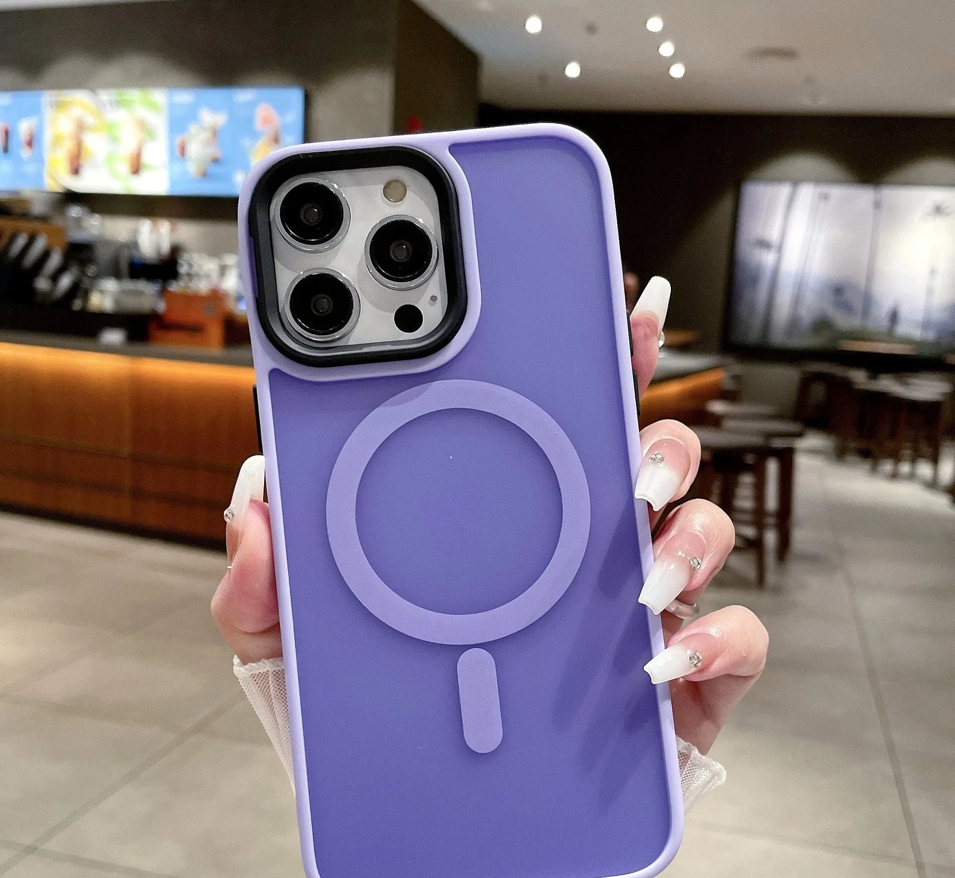 Frosted magnetic suction iPhone 16 phone case in dark purple colour showing shockproof anti-fall protection