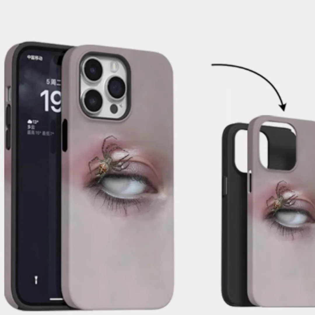 Dark heterochromatic spider design resin iPhone case for anti-fall protection on iPhone 11 to 16Promax models.