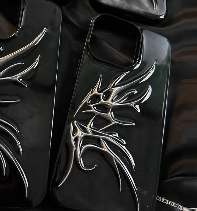Black iPhone case with three-dimensional blurred wings design showing raised edges and precise port cutouts