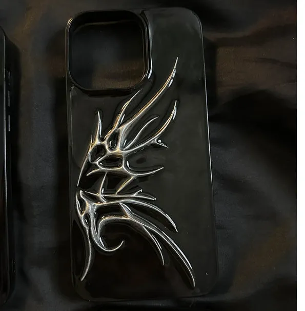 Black iPhone case with three-dimensional blurred wings design showing raised edges and precise port cutouts