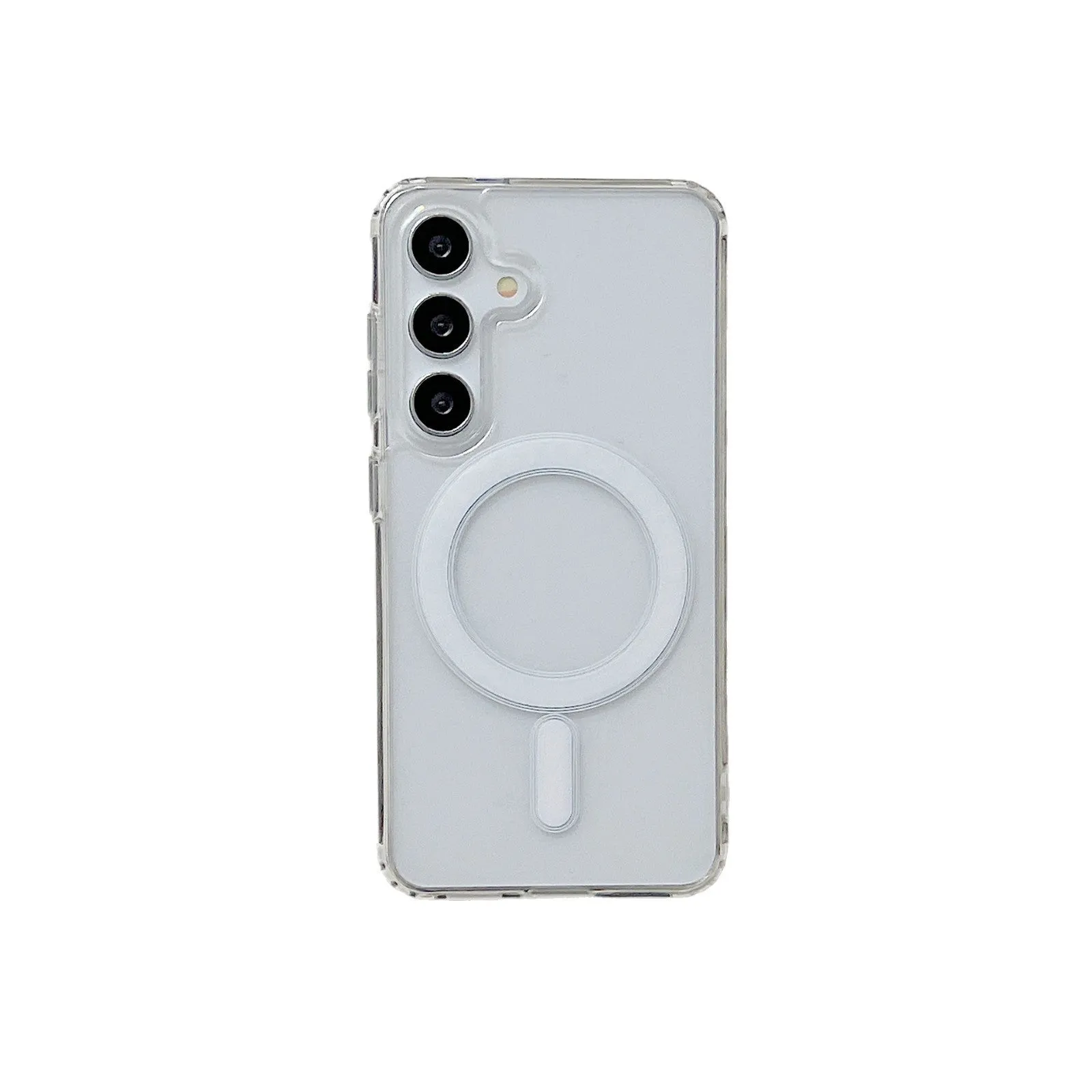 Transparent magnetic silicone phone case for Samsung Galaxy smartphones on a flat surface.