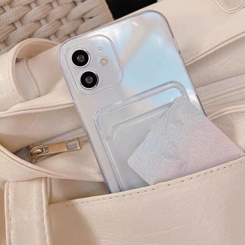 Clear transparent PVC iPhone case with a card slot on the back, shown fitting an iPhone model.