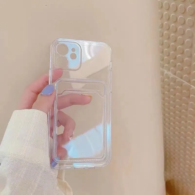 Clear transparent PVC iPhone case with a card slot on the back, shown fitting an iPhone model.