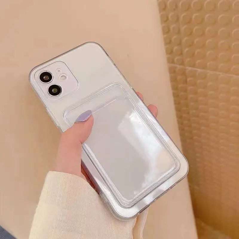 Clear transparent PVC iPhone case with a card slot on the back, shown fitting an iPhone model.
