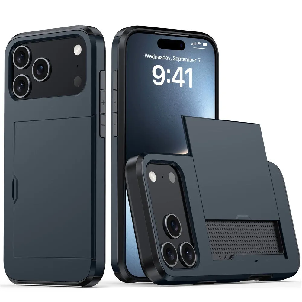 Army green iPhone case with a sliding cover open to show integrated card storage slot.