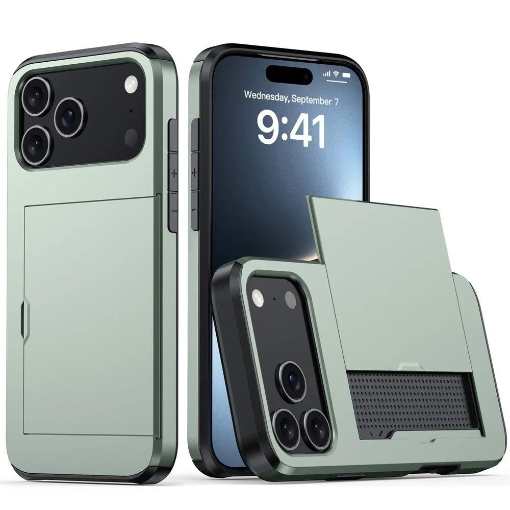 Army green iPhone case with a sliding cover open to show integrated card storage slot.