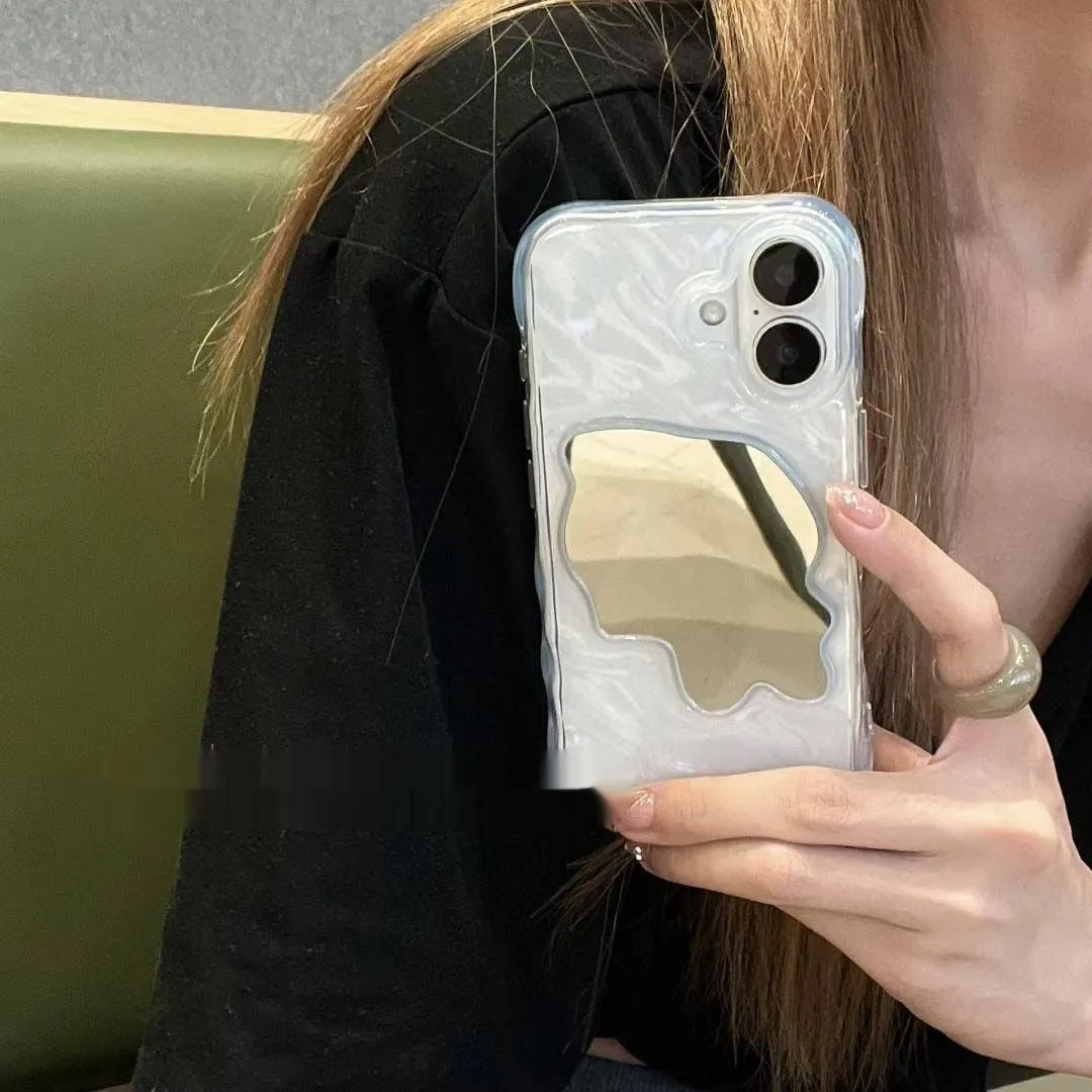 Beige iPhone case with a water ripple texture and a mirrored strip on the back.