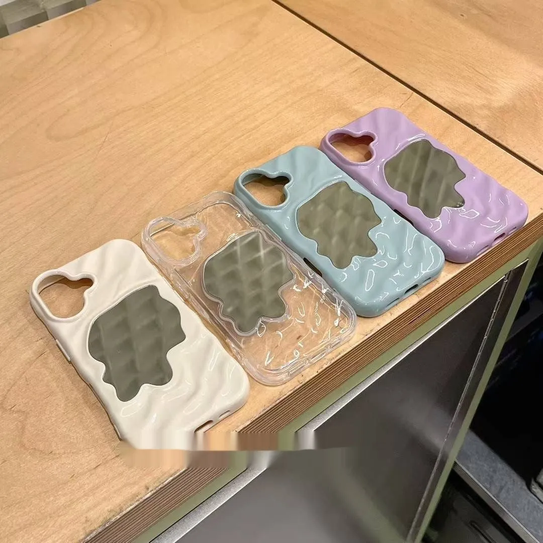 Beige iPhone case with a water ripple texture and a mirrored strip on the back.