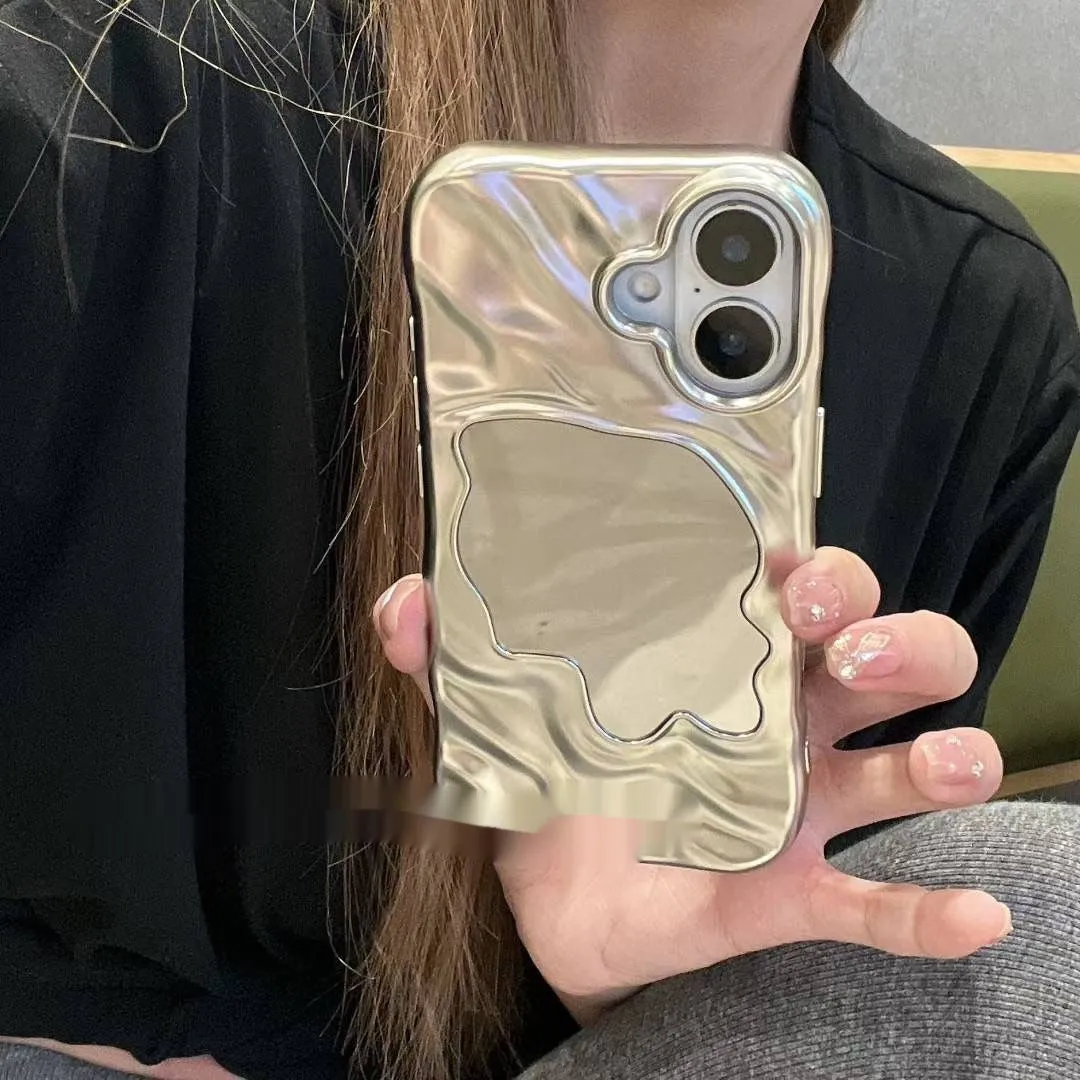 Beige iPhone case with a water ripple texture and a mirrored strip on the back.