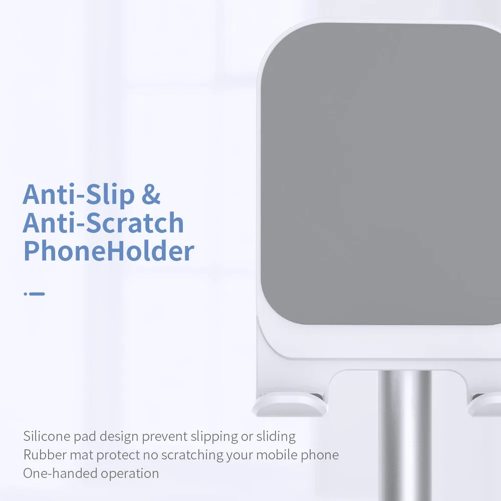 Silver white aluminium alloy mobile phone desktop stand holding a smartphone at an adjustable angle