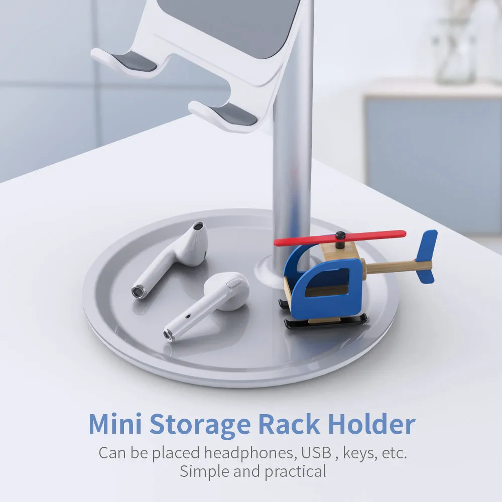 Silver white aluminium alloy mobile phone desktop stand holding a smartphone at an adjustable angle