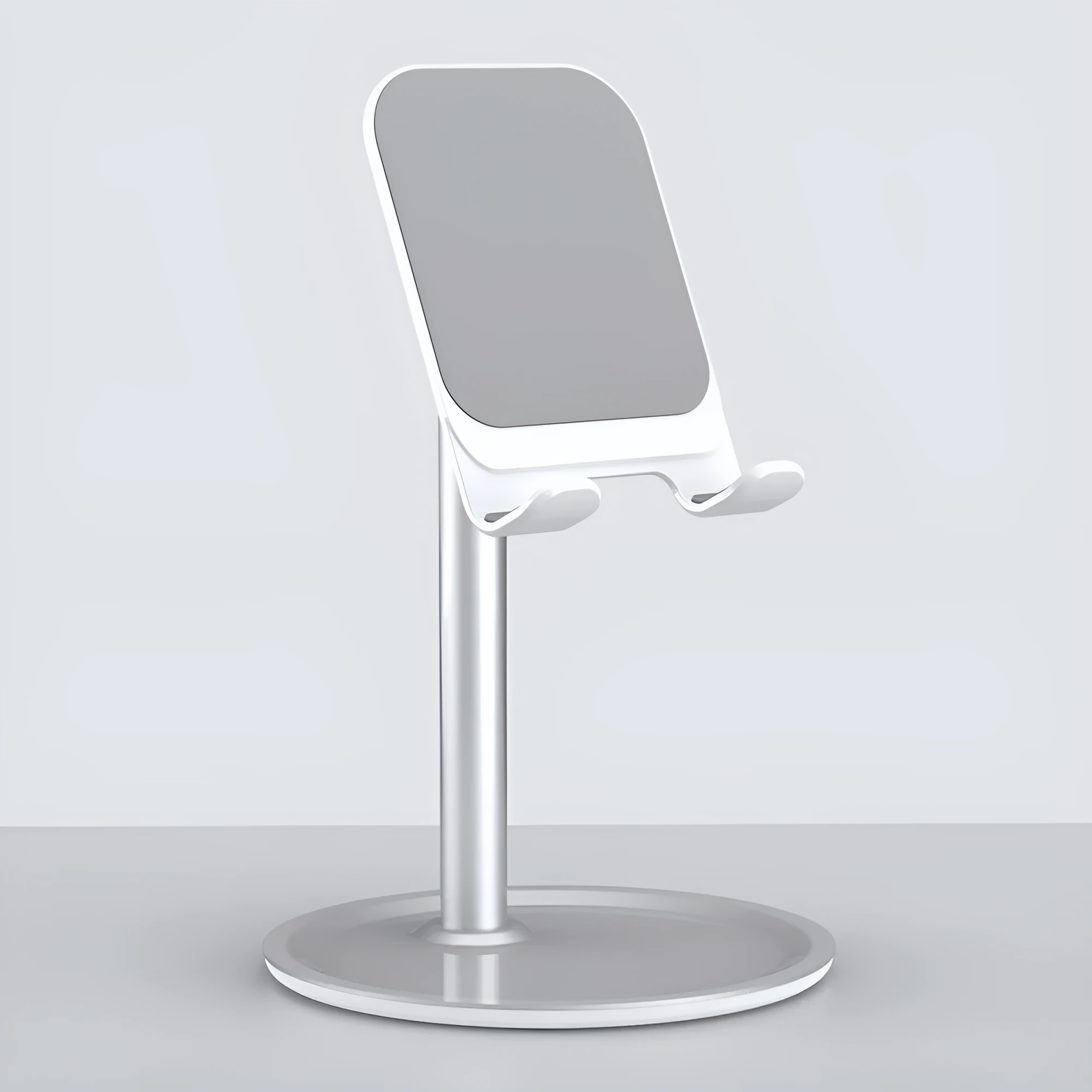 Silver white aluminium alloy mobile phone desktop stand holding a smartphone at an adjustable angle