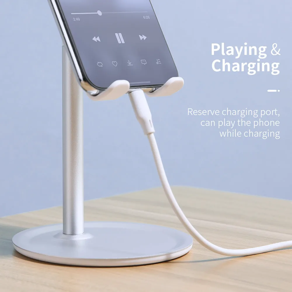 Silver white aluminium alloy mobile phone desktop stand holding a smartphone at an adjustable angle