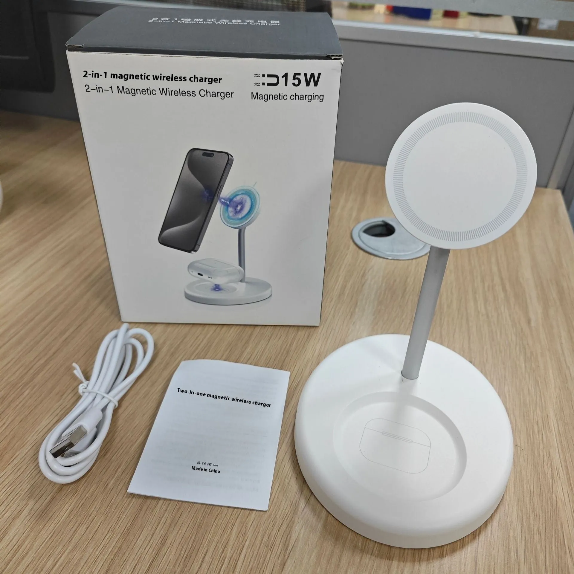 Vertical wireless charging stand with cooling holes for 30W fast charging of smartphones