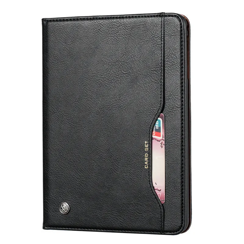 Apple iPad kneading leather flip protective cover in black showing shockproof and heat dissipation features