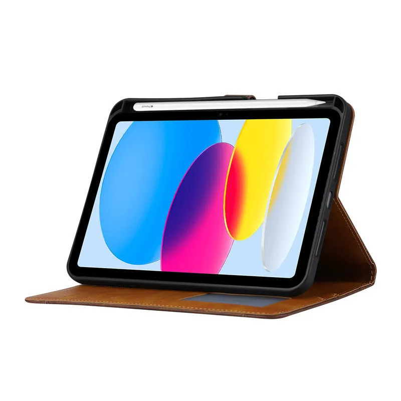 Apple iPad kneading leather flip protective cover in black showing shockproof and heat dissipation features