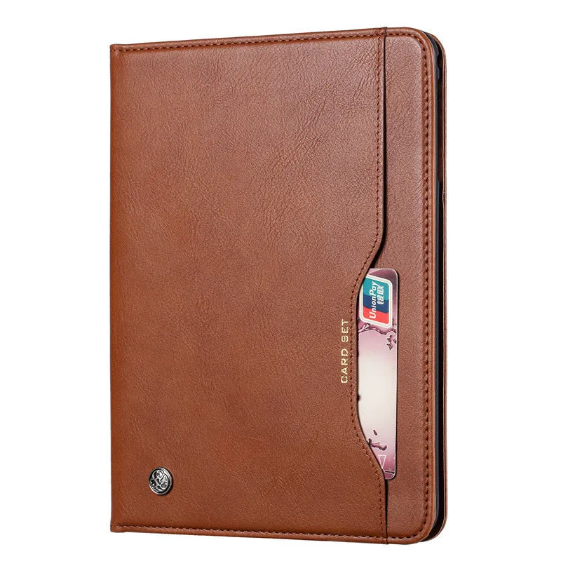 Apple iPad kneading leather flip protective cover in black showing shockproof and heat dissipation features