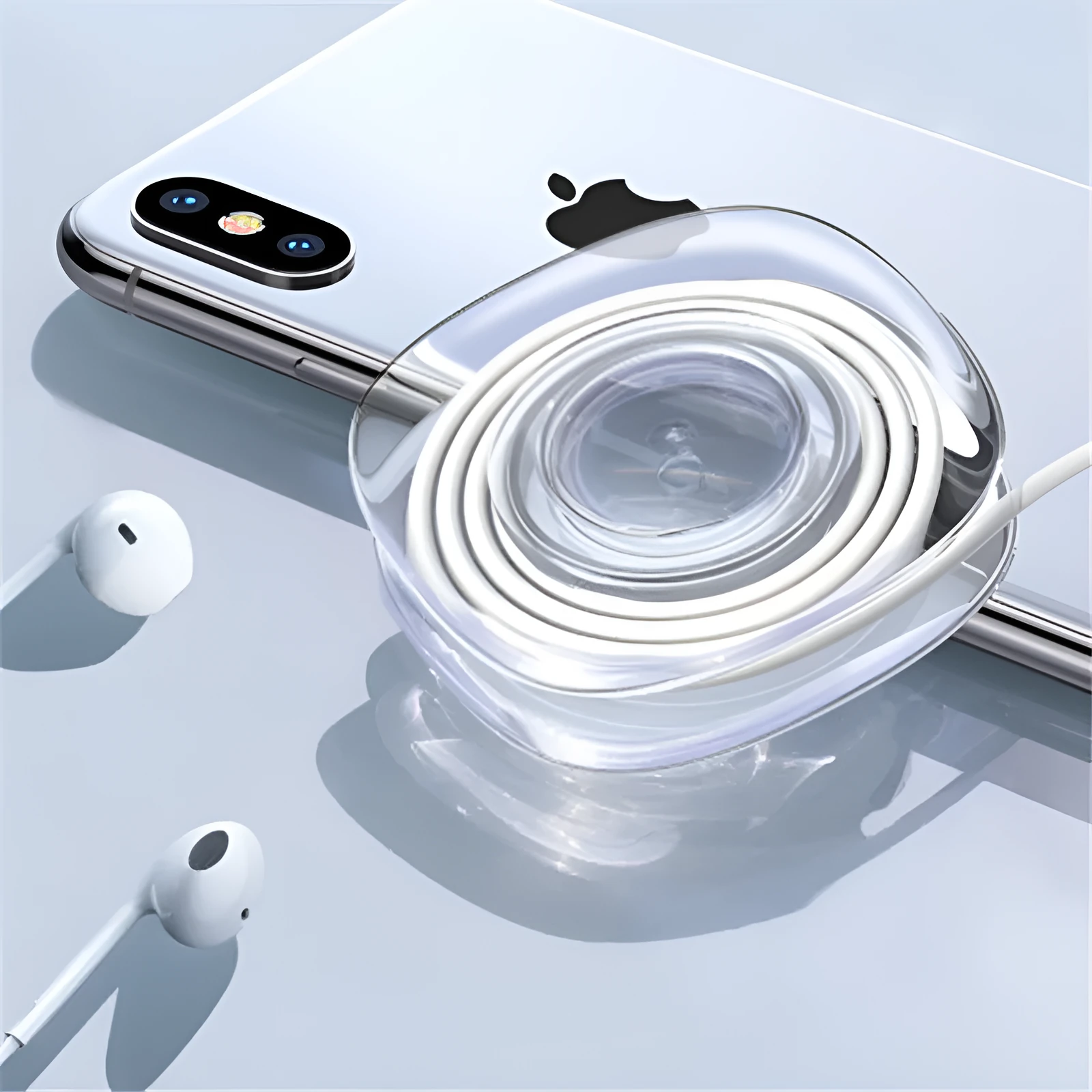 Transparent reusable nano gel adhesive pads in circular and square shapes on a smooth surface