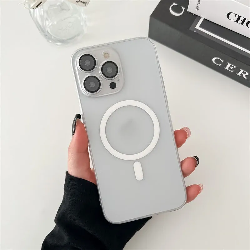 Ice Mist coloured ultra-thin magnetic frosted phone case for iPhone, shown on a phone.