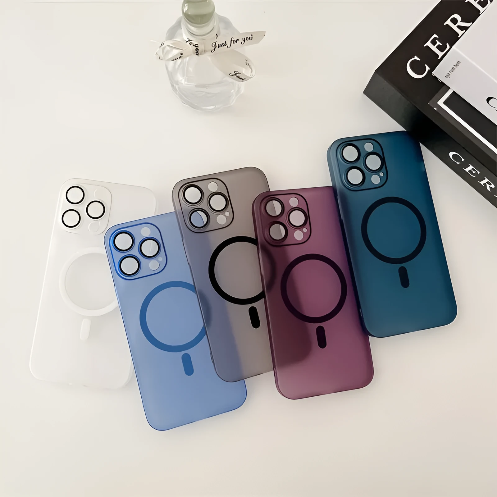 Ice Mist coloured ultra-thin magnetic frosted phone case for iPhone, shown on a phone.