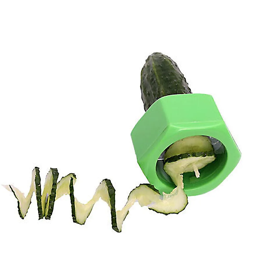 A yellow manual spiral knife vegetable cutter for slicing cucumbers, made from food-grade ABS plastic.