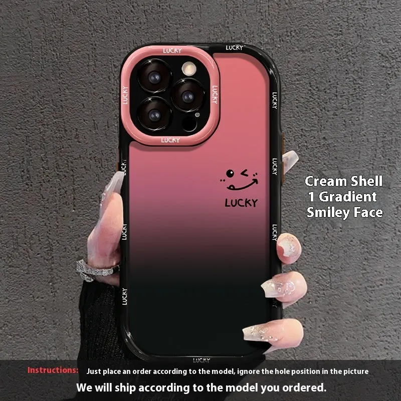 Cream and black acrylic phone case with fine hole design for Huawei and iPhone, showing gradient love heart pattern.