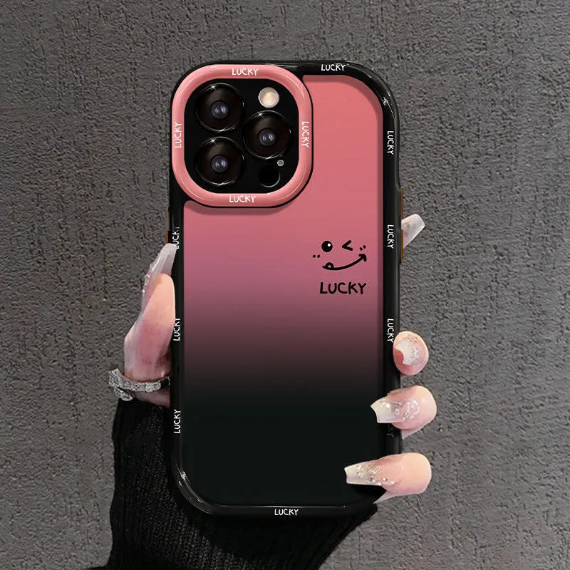 Cream and black acrylic phone case with fine hole design for Huawei and iPhone, showing gradient love heart pattern.