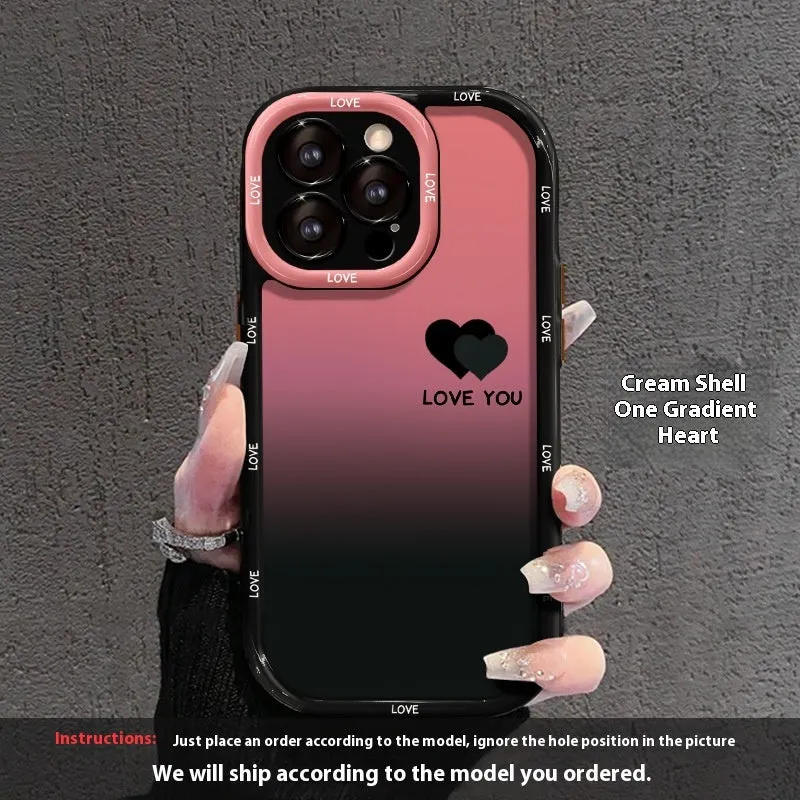 Cream and black acrylic phone case with fine hole design for Huawei and iPhone, showing gradient love heart pattern.