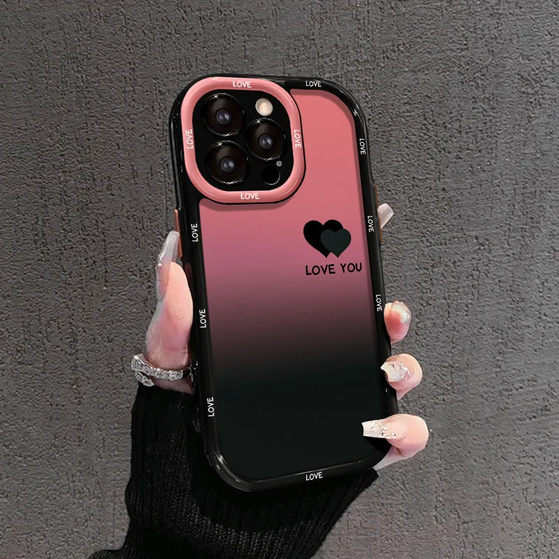 Cream and black acrylic phone case with fine hole design for Huawei and iPhone, showing gradient love heart pattern.