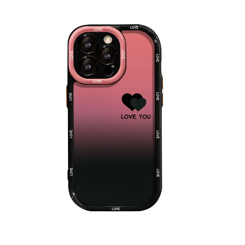 Cream and black acrylic phone case with fine hole design for Huawei and iPhone, showing gradient love heart pattern.