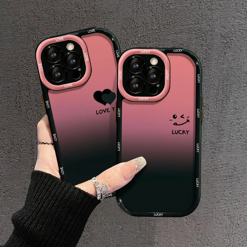 Cream and black acrylic phone case with fine hole design for Huawei and iPhone, showing gradient love heart pattern.