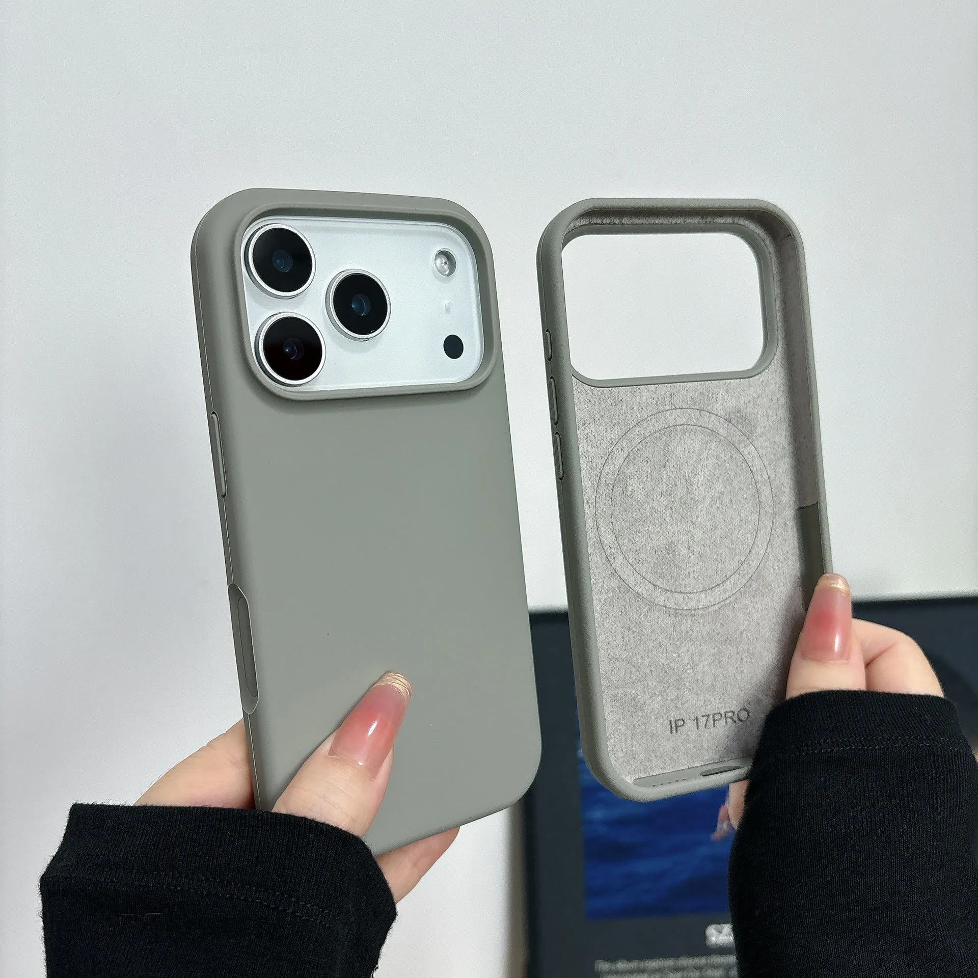Magnetic liquid silicone phone case for iPhone showing multiple colour options including antique white and desert colour.