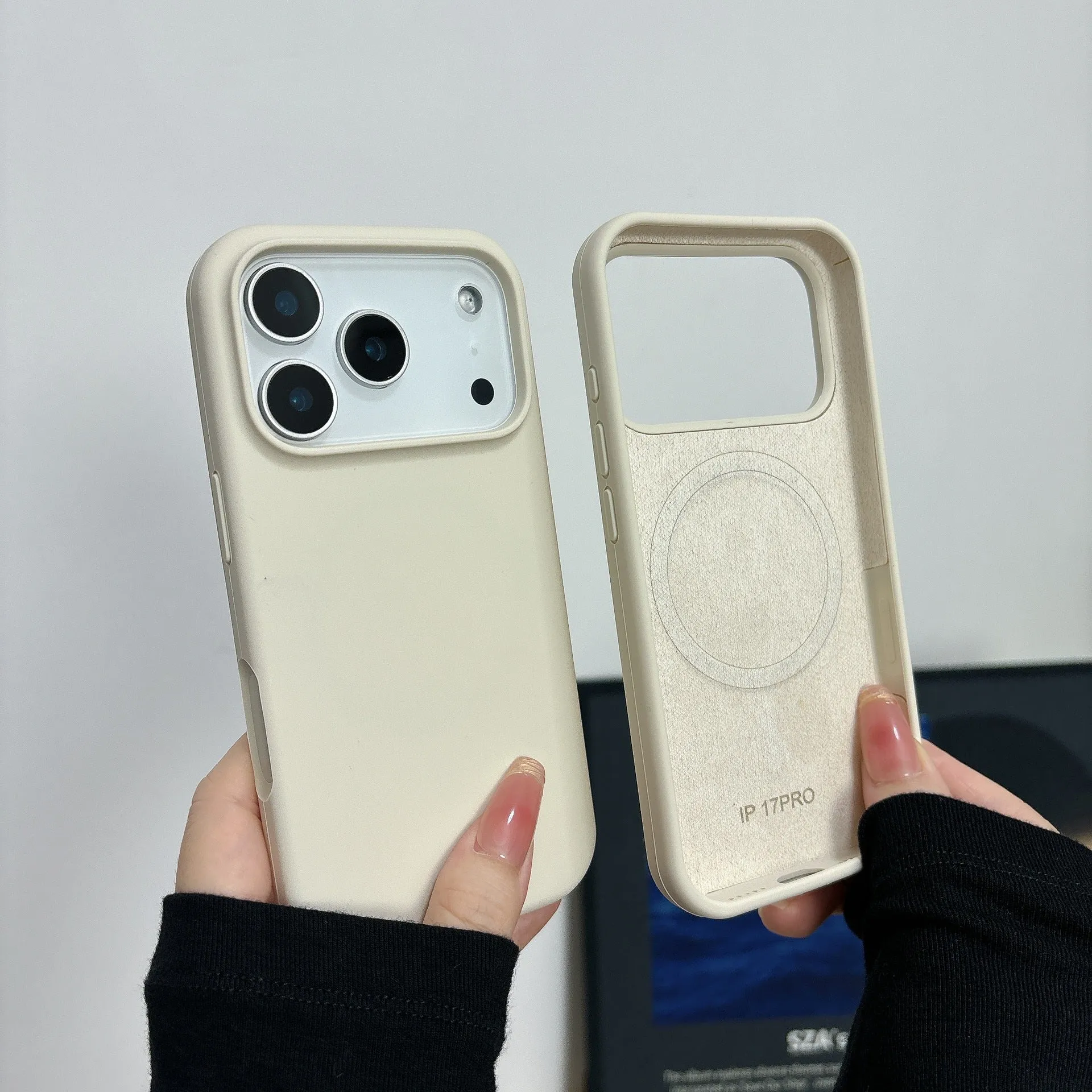 Magnetic liquid silicone phone case for iPhone showing multiple colour options including antique white and desert colour.