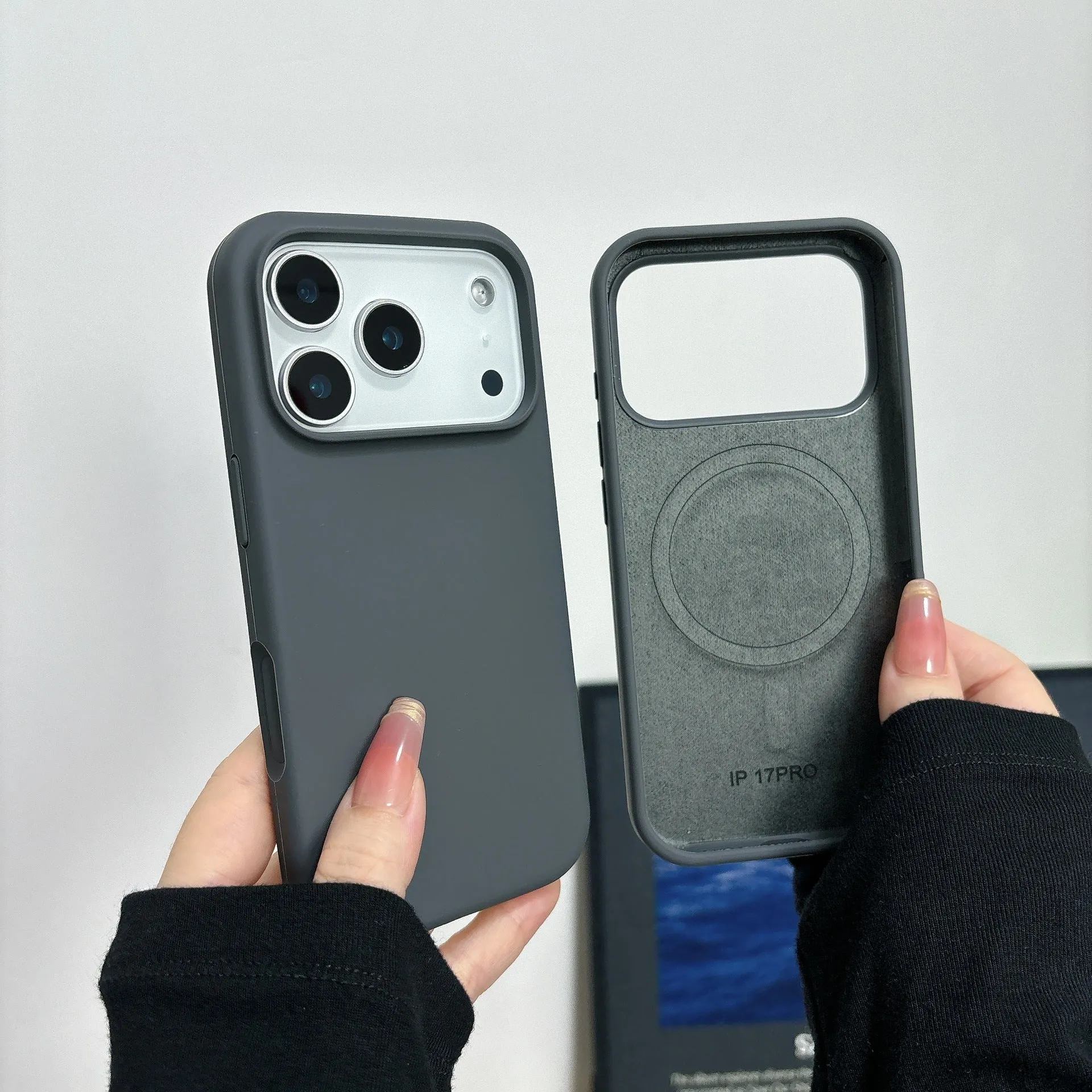 Magnetic liquid silicone phone case for iPhone showing multiple colour options including antique white and desert colour.