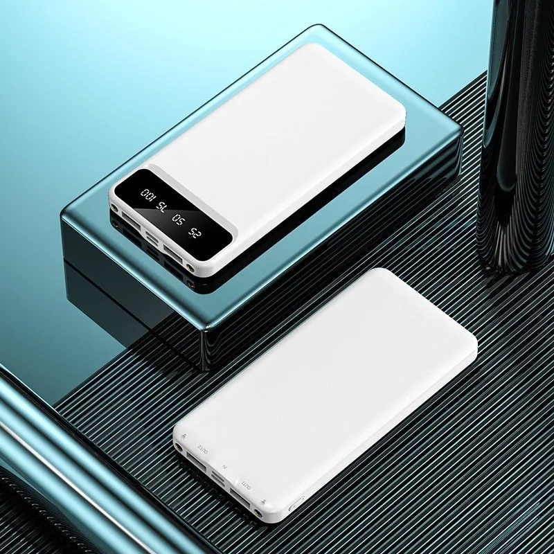 20000 mAh power bank with charging cable showing compact 140 x 71 x 17 mm dimensions and plastic shell construction