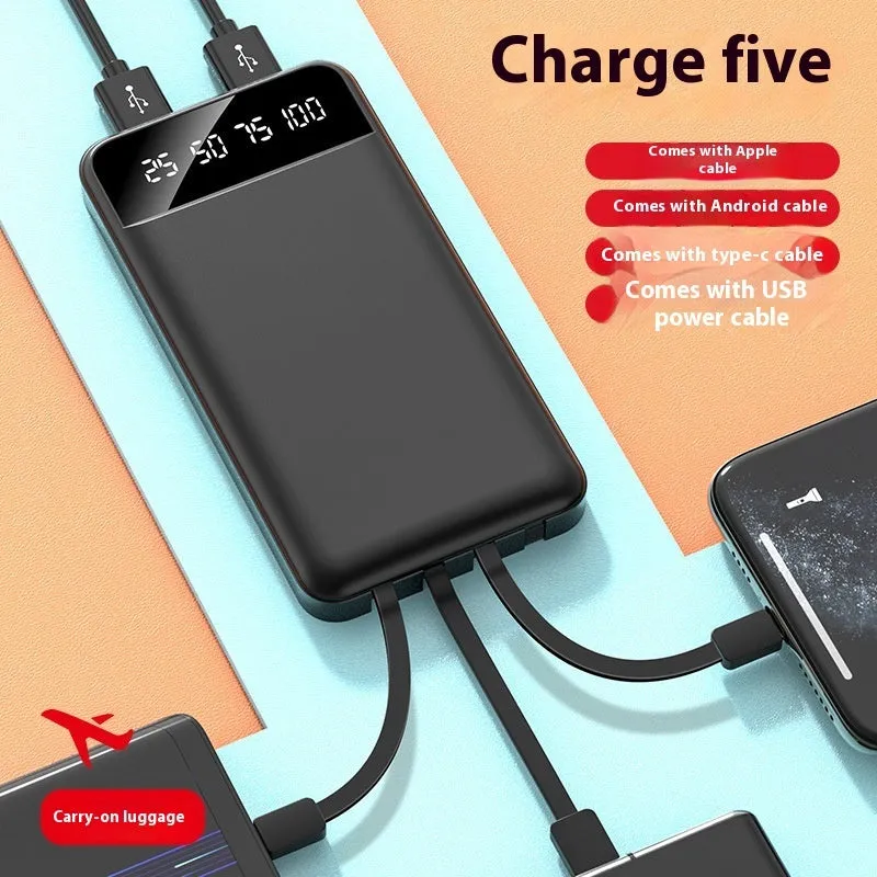 20000 mAh power bank with charging cable showing compact 140 x 71 x 17 mm dimensions and plastic shell construction